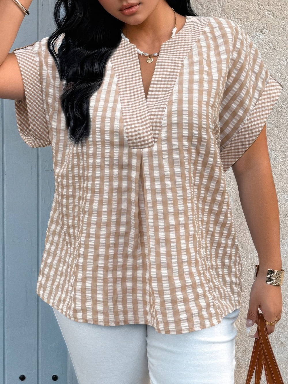 V Neck Textured Plaid Patchwork Blouse